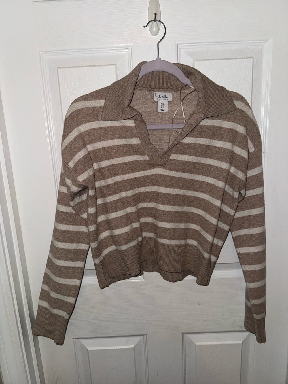 Nicole Miller Taupe & Cream Striped V-Neck Collared Sweater